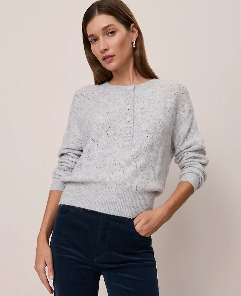 Ann Taylor Weekend Collection Pointelle Henley Sweater Women's