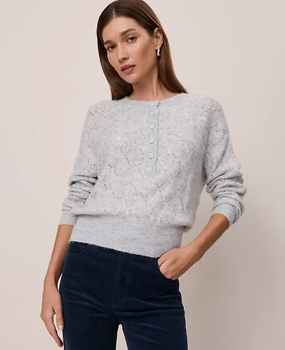 Ann Taylor Weekend Collection Pointelle Henley Sweater Medium Light Heather Grey Women's