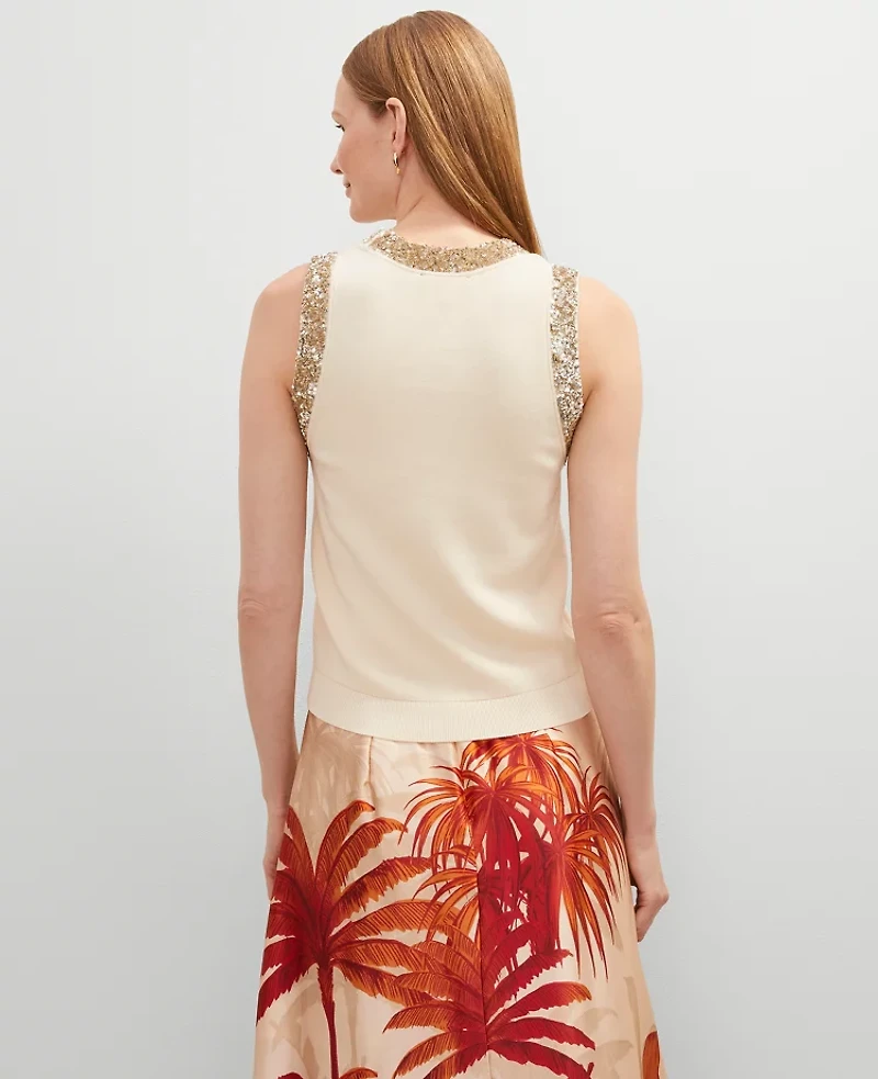 Ann Taylor Studio Collection Sequin Trimmed Sweater Shell Top Seedpearl Women's