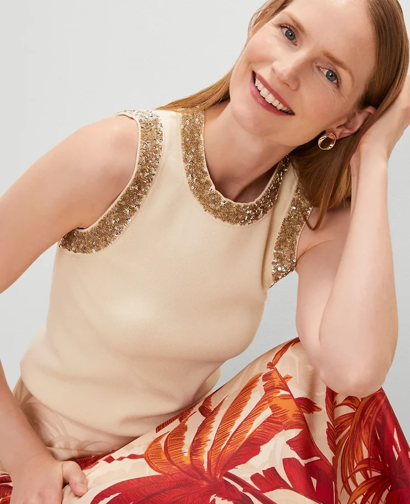 Ann Taylor Studio Collection Sequin Trimmed Sweater Shell Top Seedpearl Women's