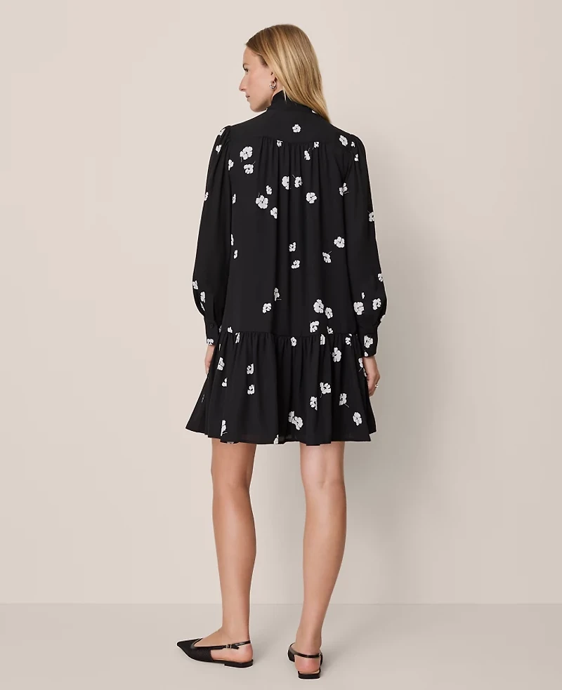 Ann Taylor Floral Tie Neck Trapeze Dress Black Women's