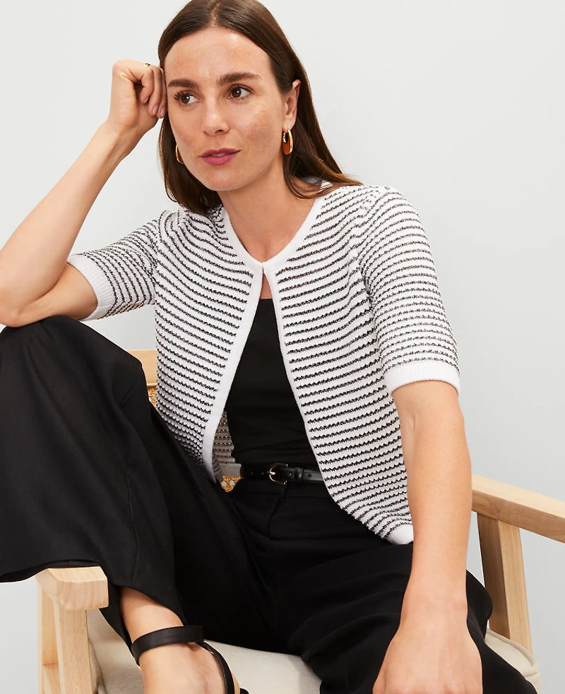 Ann Taylor Petite Metallic Striped Cardigan White Women's