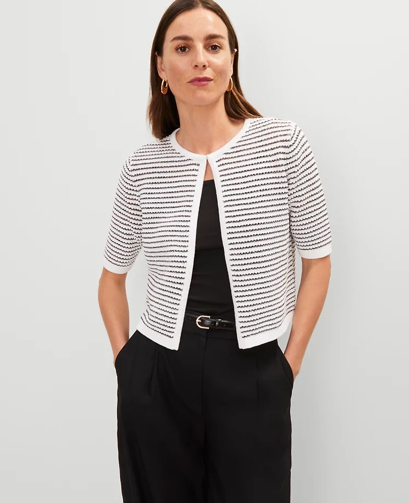 Ann Taylor Petite Metallic Striped Cardigan White Women's