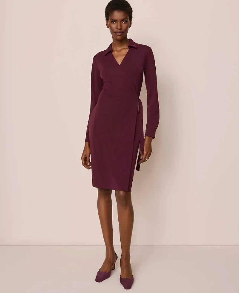 Ann Taylor Collared Knit Wrap Dress Size 2 Poised Plum Women's