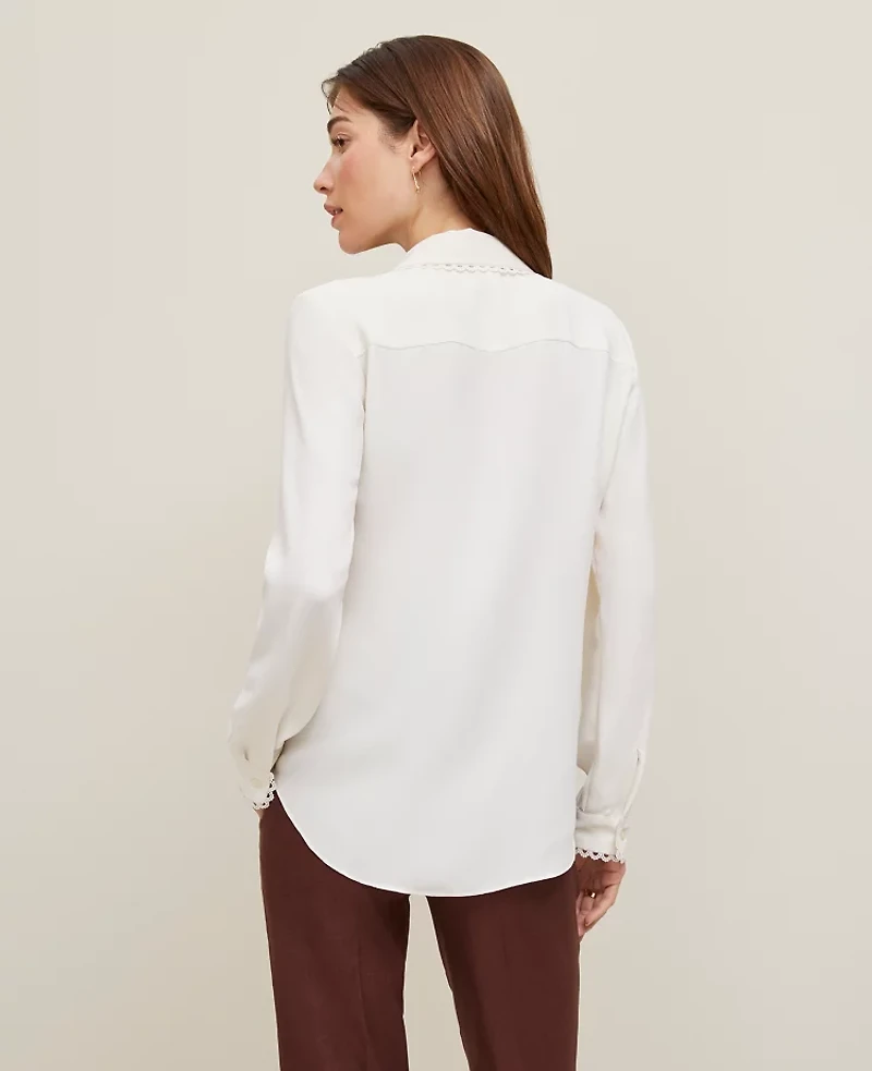 Ann Taylor Petite Lace Trim Essential Shirt Size Small Winter White Women's