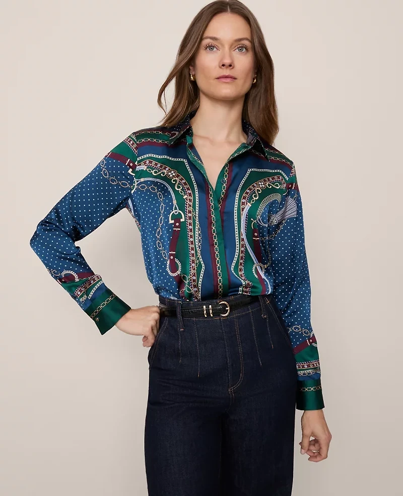 Ann Taylor Chain Link Print Satin Essential Shirt Night Garden Women's