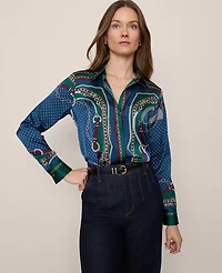Ann Taylor Chain Link Print Satin Essential Shirt Night Garden Women's