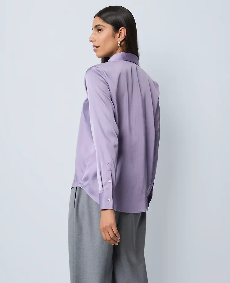 Ann Taylor Pinstriped Satin Essential Shirt Lavender/Black Stripe Women's