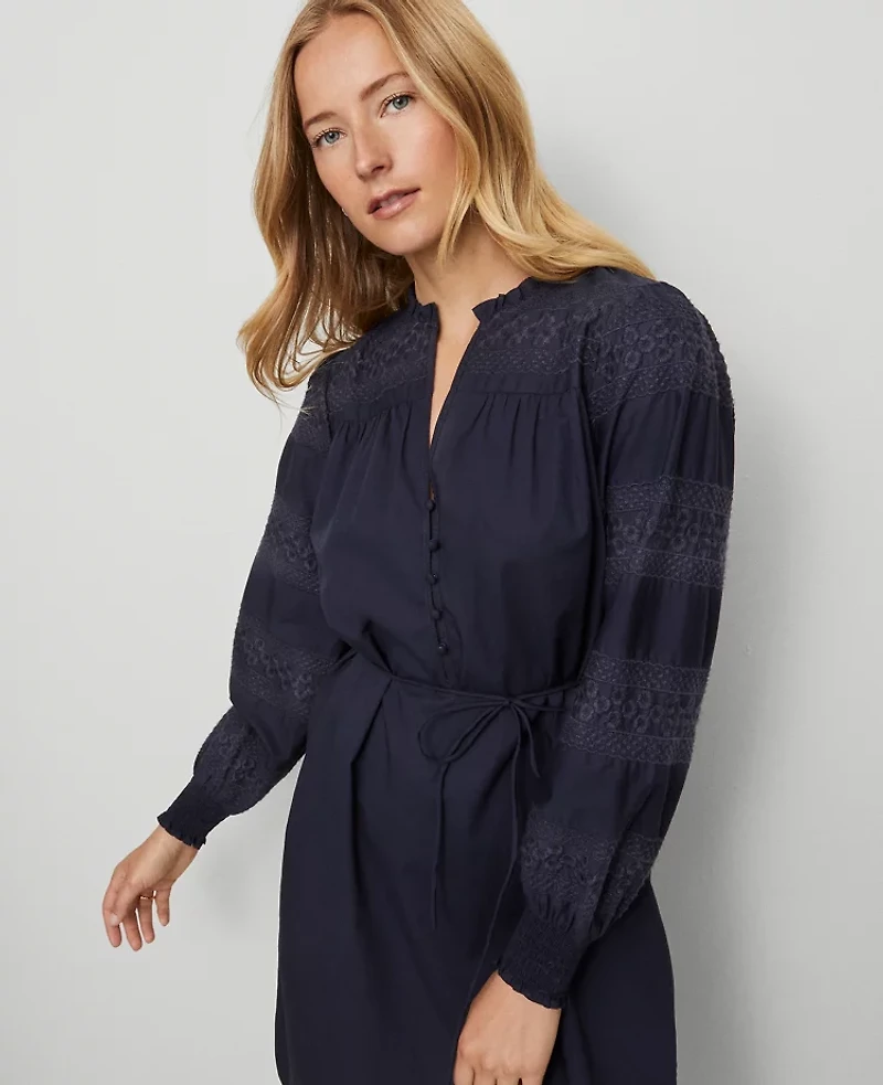 Ann Taylor Petite Weekend Collection Ruffle Collar Belted Shift Dress Night Sky Women's