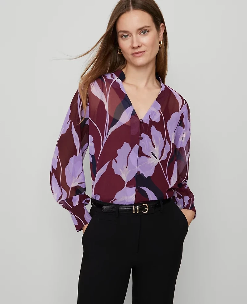 Ann Taylor Petite Floral V-Neck Popover Top B Windsor Wine Women's