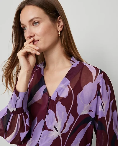 Ann Taylor Petite Floral V-Neck Popover Top B Windsor Wine Women's