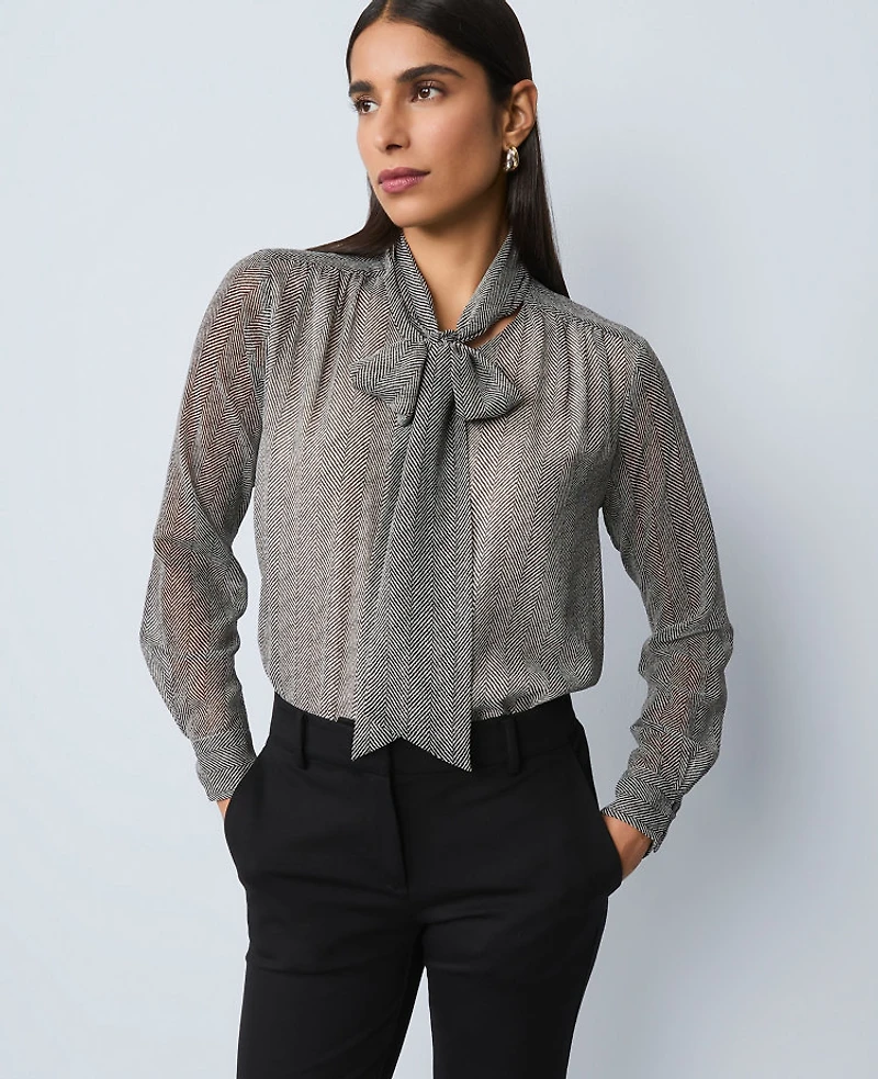 Ann Taylor Herringbone Bow Blouse Black B Women's