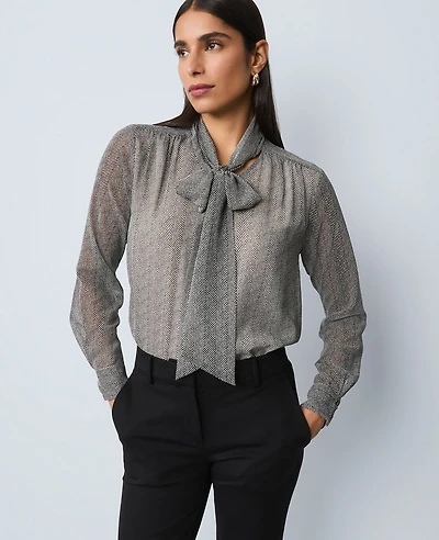 Ann Taylor Herringbone Bow Blouse Black B Women's