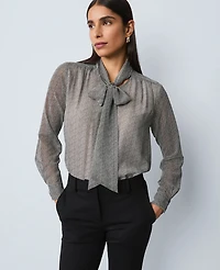 Ann Taylor Herringbone Bow Blouse Black B Women's