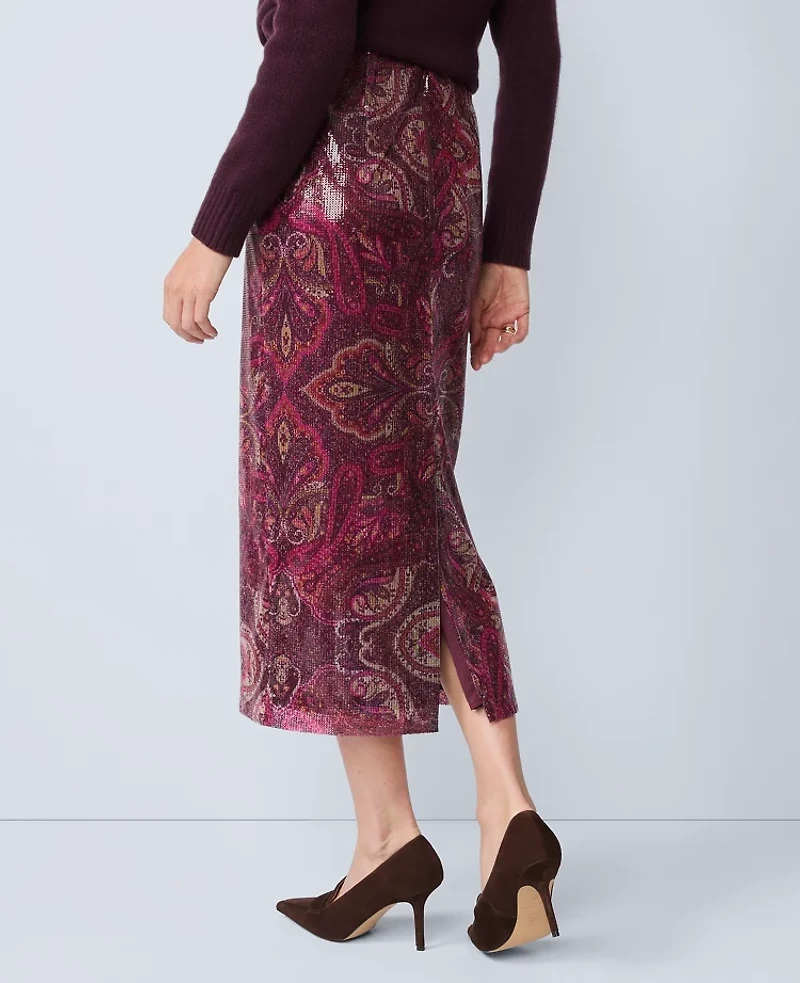 Ann Taylor Sequin Paisley Column Midi Skirt Poised Plum Women's