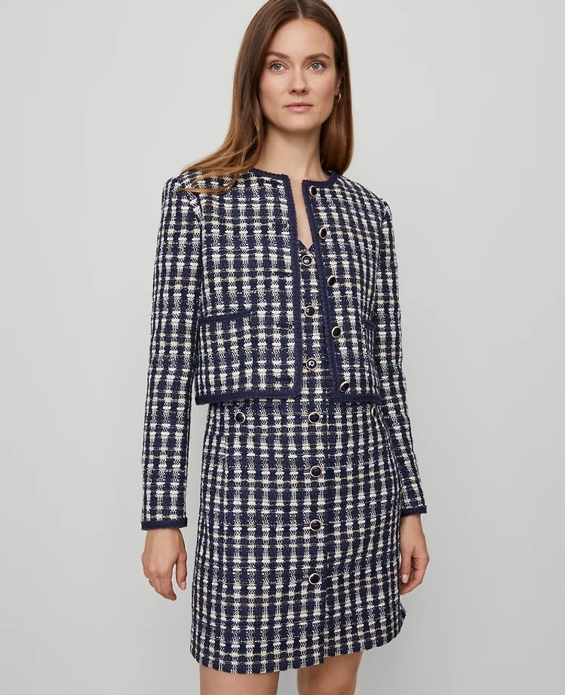 Ann Taylor Petite Tweed Patch Pocket Jacket Navy/White Combo Women's