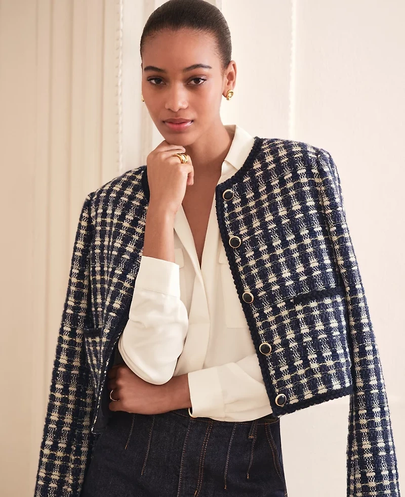 Ann Taylor Petite Tweed Patch Pocket Jacket Navy/White Combo Women's