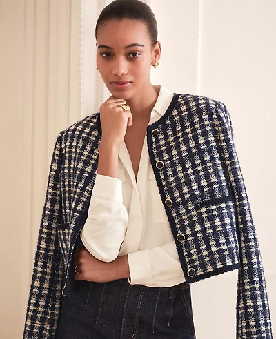 Ann Taylor Petite Tweed Patch Pocket Jacket Navy/White Combo Women's