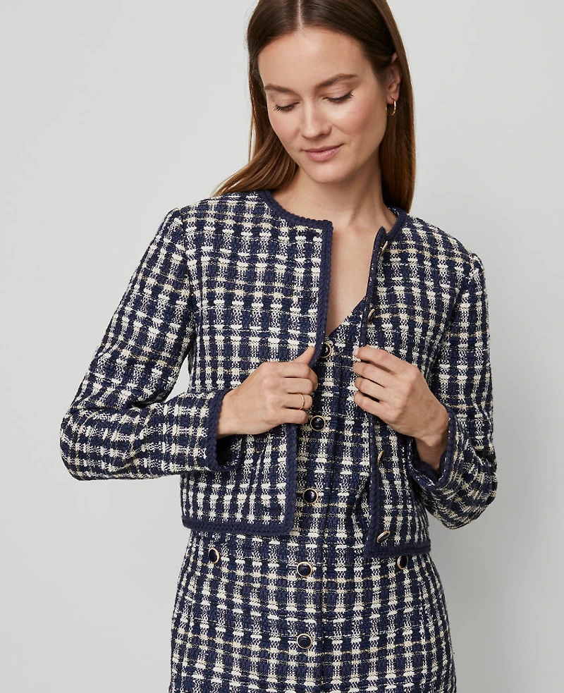 Ann Taylor Petite Tweed Patch Pocket Jacket Navy/White Combo Women's
