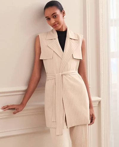 Ann Taylor Petite Striped Trench Vest Black Cream Combo Women's