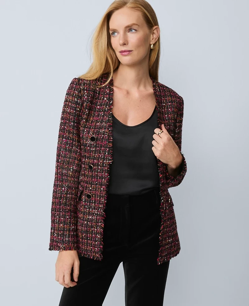 Ann Taylor The Long V-Neck Jacket Tweed Red/Black Multi Women's