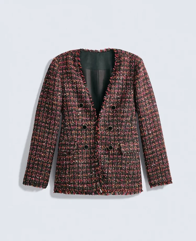 Ann Taylor The Long V-Neck Jacket Tweed Red/Black Multi Women's