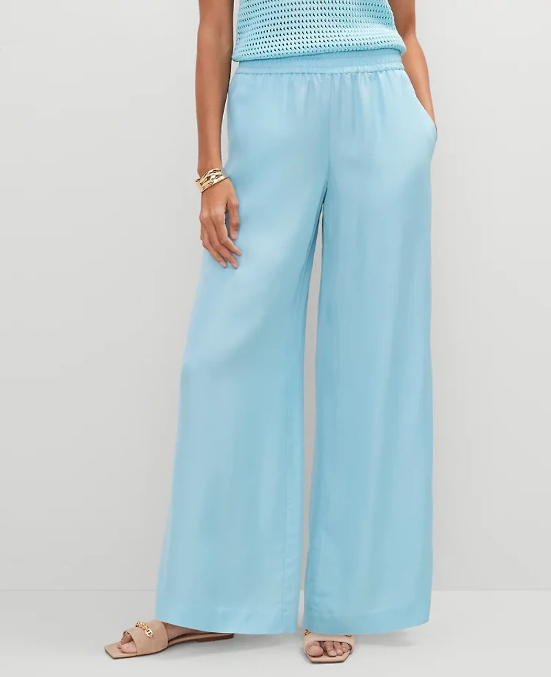 Ann Taylor The Petite Pull-On Wide-Leg Pant Satin Gulf Stream Blue Women's
