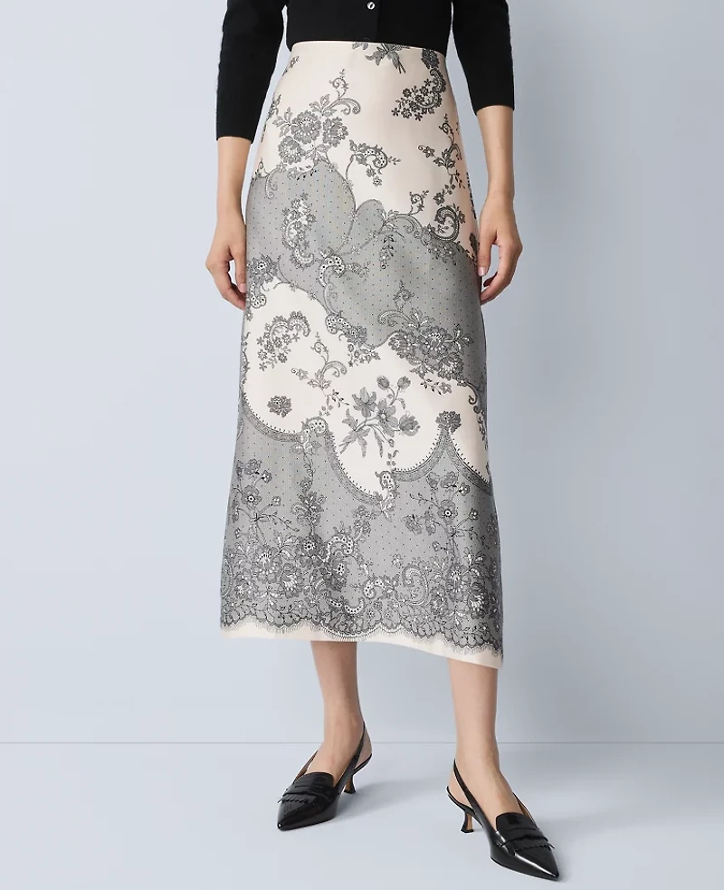 Ann Taylor Floral Satin Midi Skirt Ivory Whisper Women's