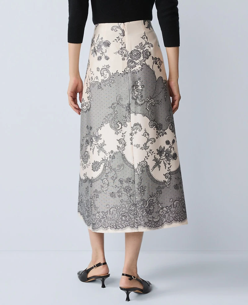 Ann Taylor Floral Satin Midi Skirt Ivory Whisper Women's