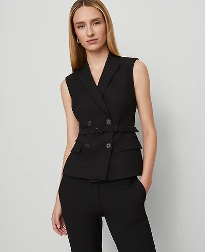 Ann Taylor Petite Belted Double Breasted Vest Seasonless Stretch Core Black Women's