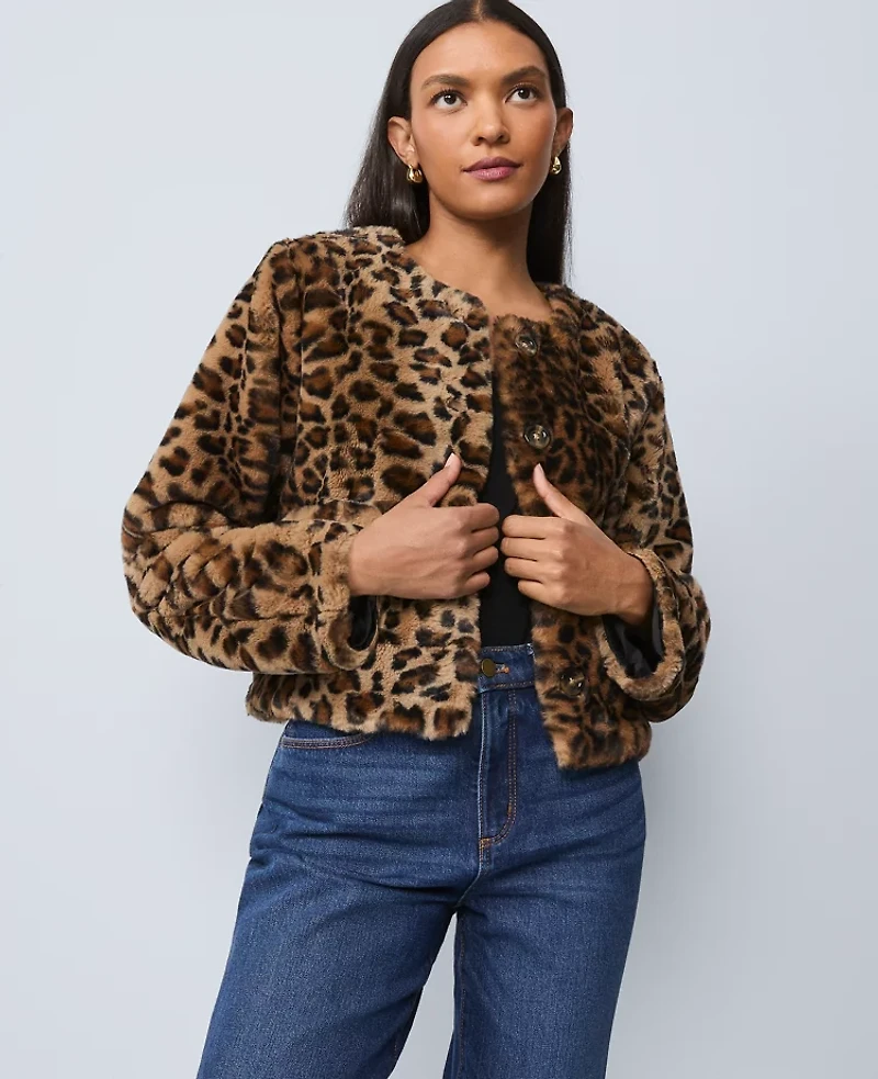 Ann Taylor Weekend Collection Faux Fur Animal Print Jacket Textured Leopard Women's