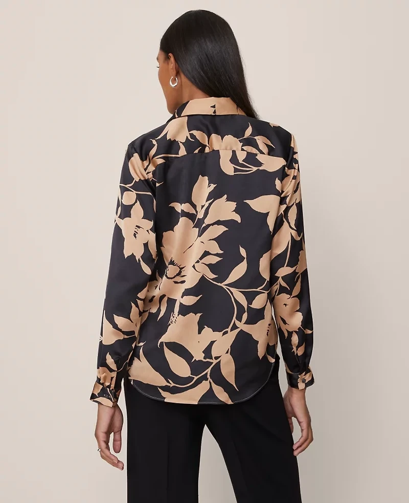 Ann Taylor Floral Satin Essential Shirt Cafe Au Lait Women's