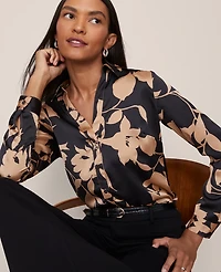 Ann Taylor Floral Satin Essential Shirt Cafe Au Lait Women's