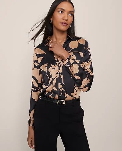 Ann Taylor Floral Satin Essential Shirt Cafe Au Lait Women's