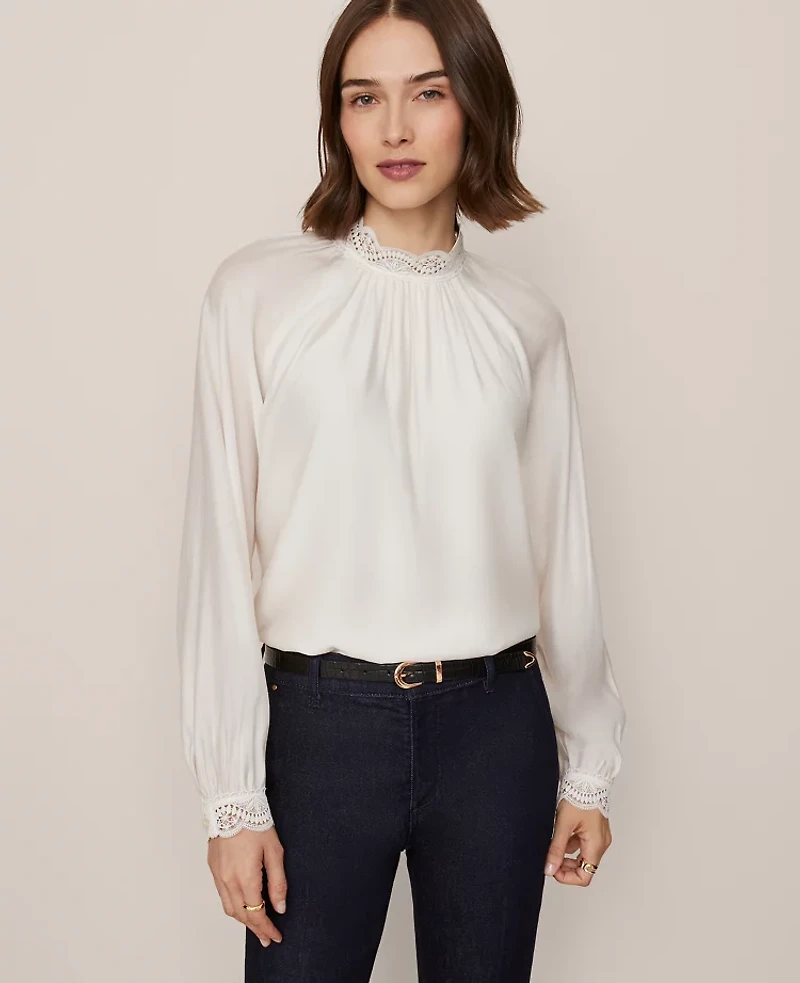 Ann Taylor Petite Lace Trim Blouse Women's