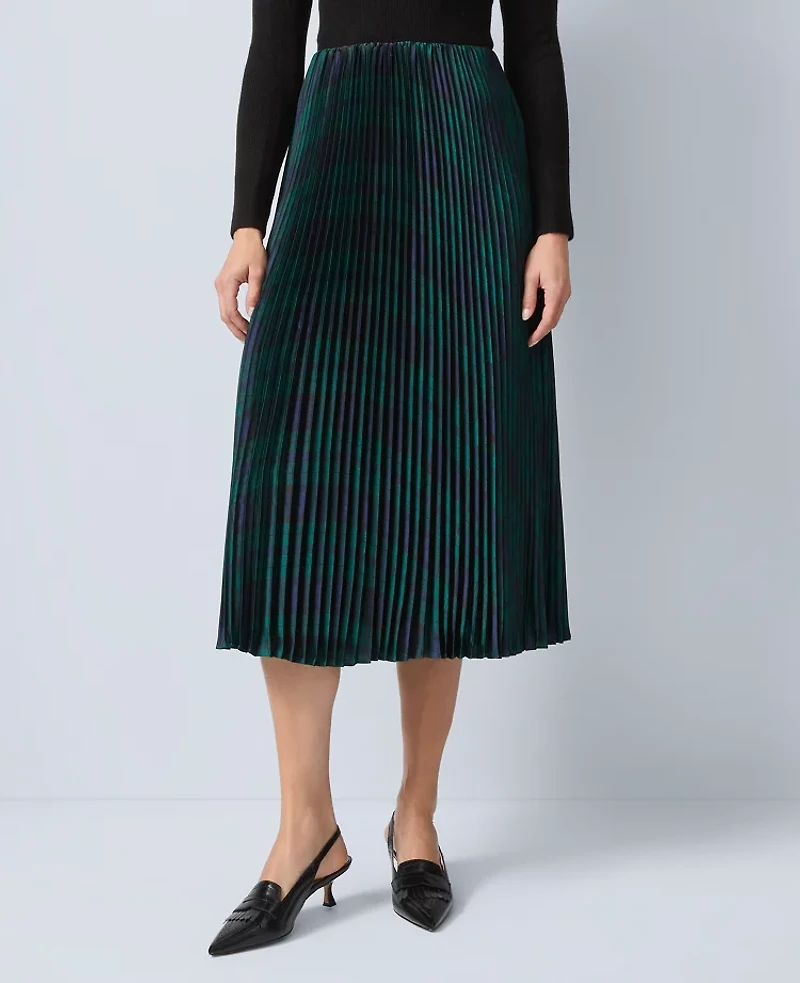 Ann Taylor Plaid Pleated Midi Skirt Rainforest Women's