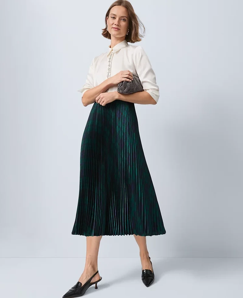 Ann Taylor Plaid Pleated Midi Skirt Rainforest Women's