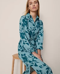 Ann Taylor Petite Floral Belted Midi Shirtdress Deep Atlantic Teal Women's