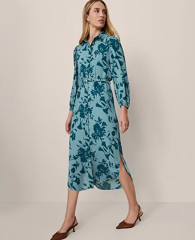 Ann Taylor Petite Floral Belted Midi Shirtdress Deep Atlantic Teal Women's