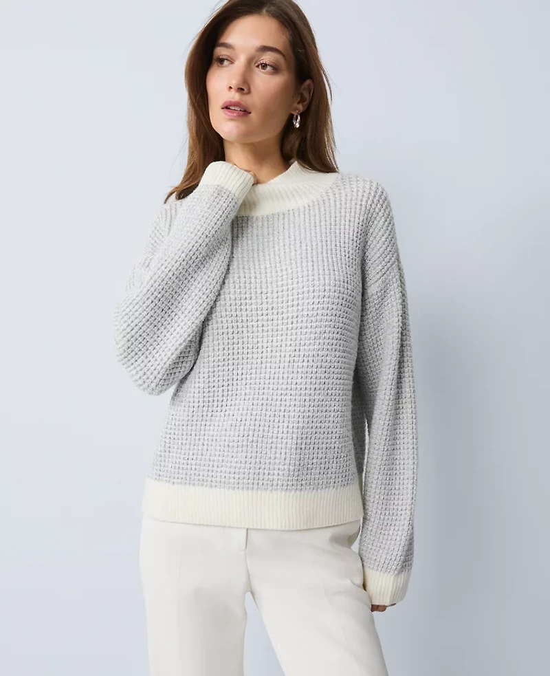 Ann Taylor Metallic Waffle Knit Sweater Winter White Women's