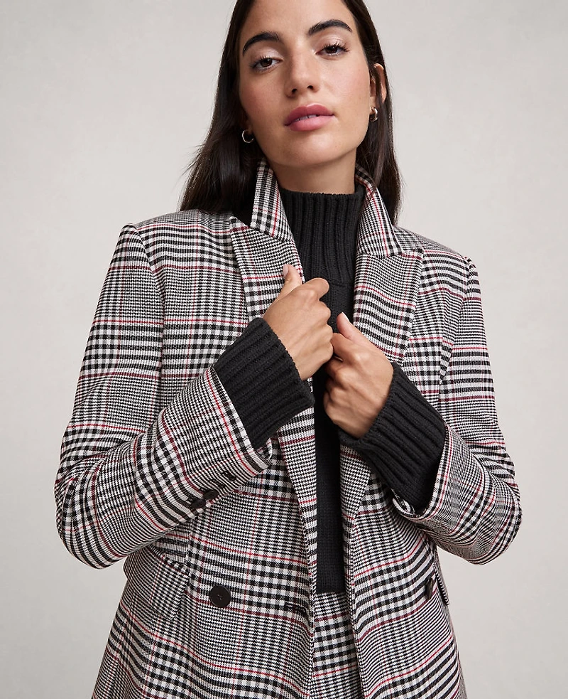 Ann Taylor Petite Plaid Fitted Long Blazer Black Women's