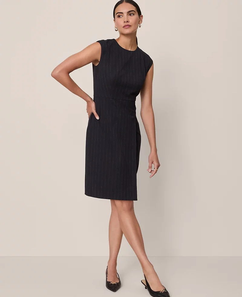 Ann Taylor Pinstriped Wrap Effect Sheath Dress Navy/White Pinstripe Women's