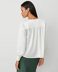 Ann Taylor Petite Satin Button Popover Top Winter White Women's