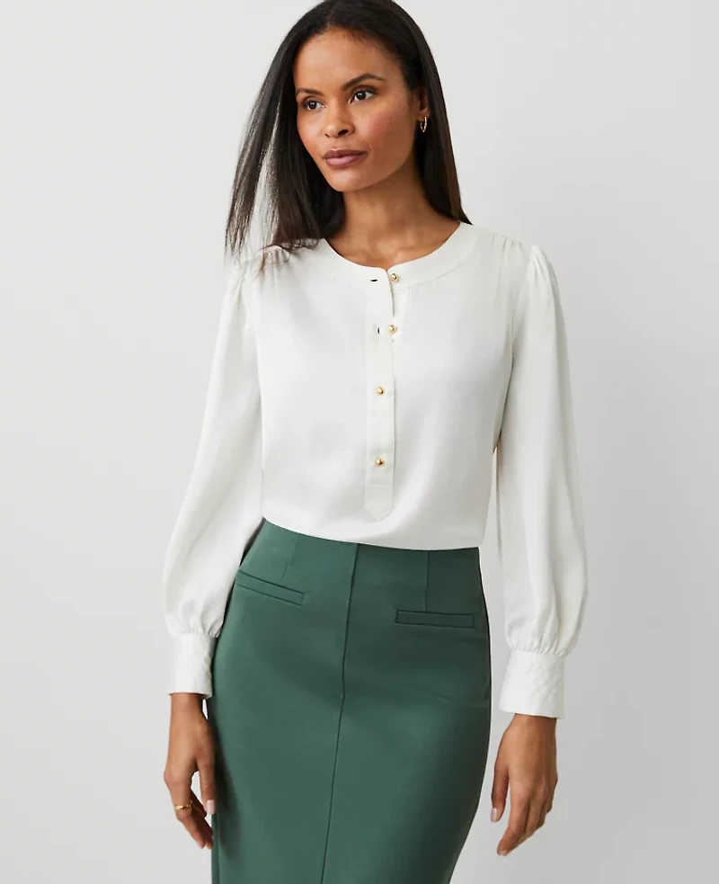 Ann Taylor Petite Satin Button Popover Top Winter White Women's