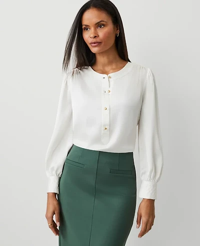 Ann Taylor Petite Satin Button Popover Top Winter White Women's