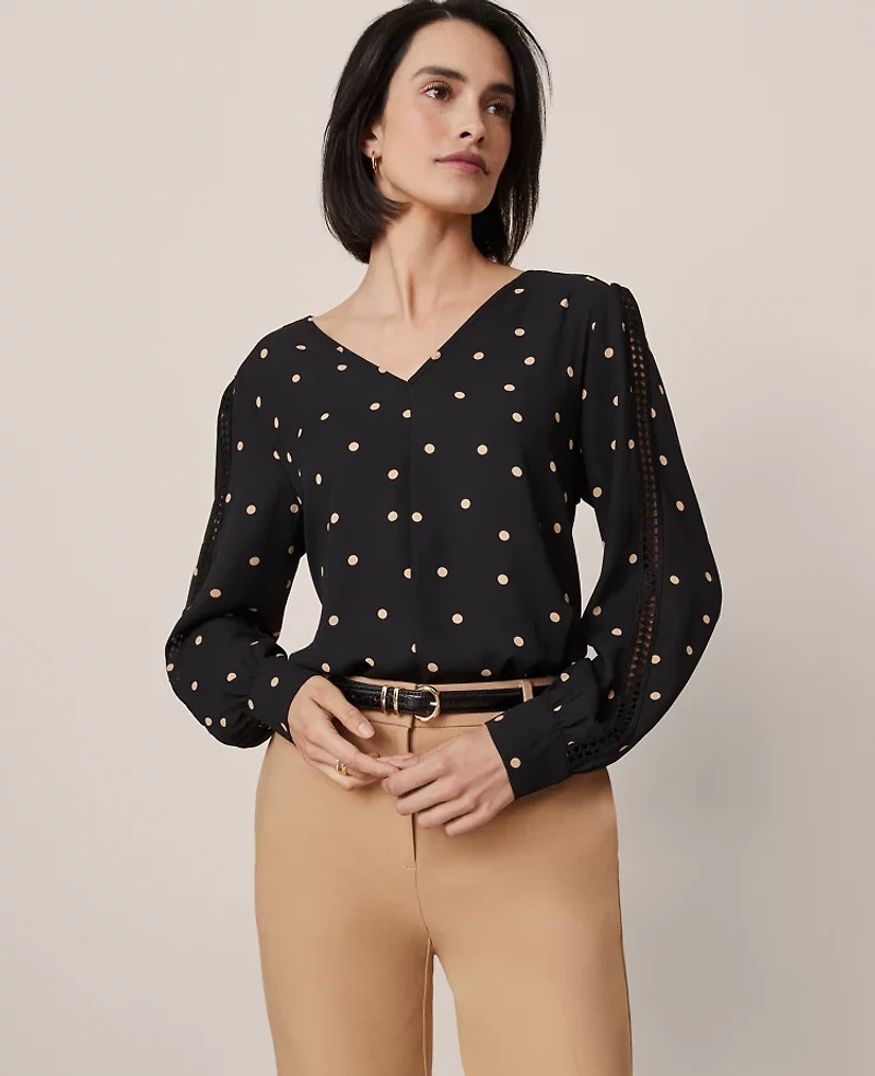 Ann Taylor Dotted Lace Trim Top Cafe Au Lait Women's