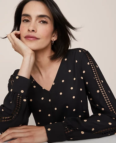 Ann Taylor Dotted Lace Trim Top Cafe Au Lait Women's