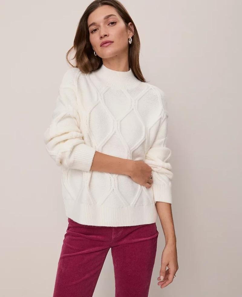 Ann Taylor Petite Weekend Collection Cable Sweater Winter White Women's