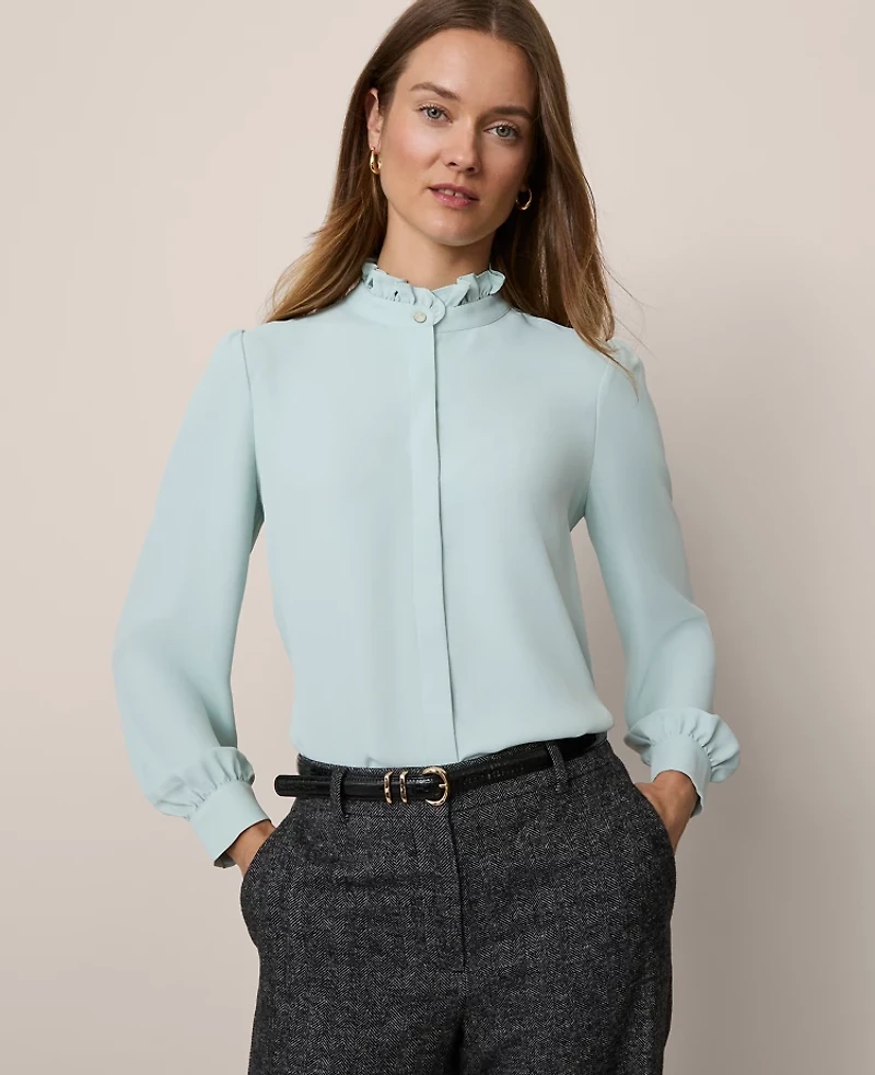 Ann Taylor Petite Ruffle Neck Satin Blouse Women's