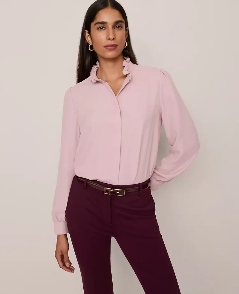 Ann Taylor Petite Ruffle Neck Satin Blouse Women's